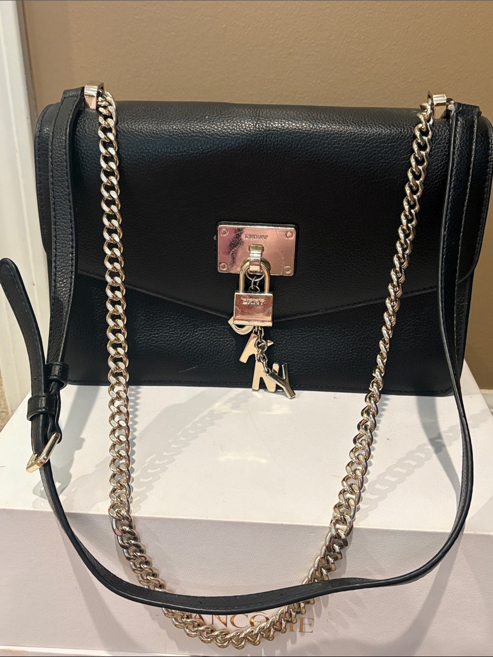 DKNY Black Leather Crossbody with Gold Chain and Padlock Charm